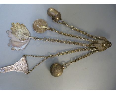 White metal Sewing Chatelaine, the belt clip measures approx: 62.65mm x 40mm wide, and the 5 fancy link chains are: 4 x 10cms
