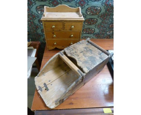 Antique pine hanging unit with Roller under (heavy metal banding) along with a small pine apprentice chest of drawers