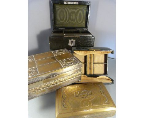 Silver plated trinket box wooden lined, along with another brass tin with hand painted decoration to top. Also to include two