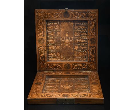 Chess, Backgammon and Nine Men’s Morris boards (Mill game) hinged and closing in the shape of a box, Baroque, walnut and marq