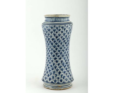 A pharmacy pot, faience, blue decoration "Scales with branches", Portuguese, 17th C. (1st quarter), upper edge with hairline 