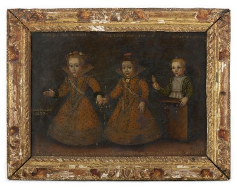 Portrait of Ana Machada de Miranda, Luísa Machada de Castro and Inês de Miranda da Maia, oil on copper, handwritten inscripti