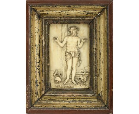 Christ wrapped in symbols of His Passion, ivory plaque carved according to original engraving by Albrecht Durer, copy of Dure