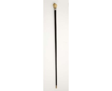 A walking stick "Hand holding testimony", exotic wood 833/1000 silver ring "Plant motifs", ivory tip, carved ivory handle, Po