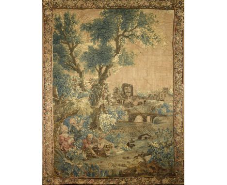 Aubusson tapestry - Landscape with figures, polychrome wool yarn, French, 18th C., restoration, wear, minor defects, Dim. - 2