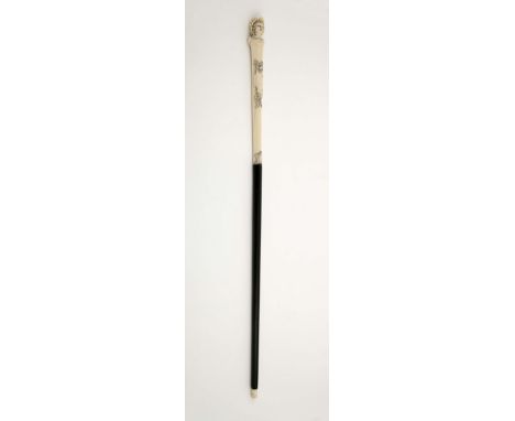 A walking stick "Girl with bonnet", Art Nouveau, exotic wood "Cartouche and flowers", ivory tip, carved ivory handle, Europea