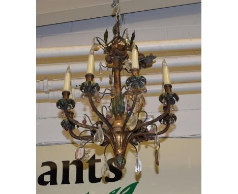 A 20th century gilt metal chandelier One or two lustre drops lacking otherwise appears OK. Drop is approximately 58cm and dia