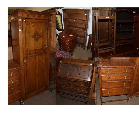 A 1920s oak single wardrobe and an oak bureau of similar taste, an oak four height chest, a reproduction serpentine front che