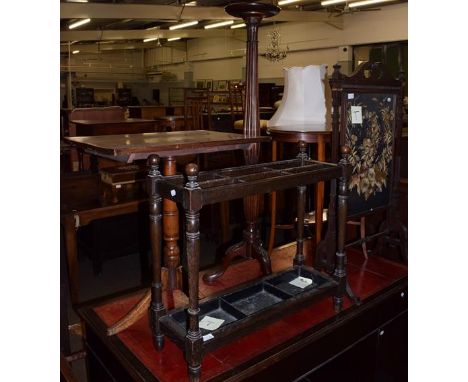 A 19th century mahogany embroidered fire screen, an oak stick stand, an Edwardian mahogany occasional table, a 19th century c