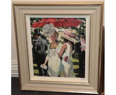 After Sherree Valentine Daines (b.1956) ''Glamorous Ladies at Ascot'' Signed and numbered 37/95, embellished canvas on board,