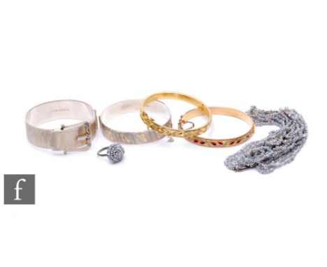 Two hallmarked silver bangles, weight 74g, with two plated examples, a freshwater pearl five row necklet and matching ring. 