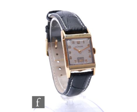 A gold plated Le Coultre manual wind wrist watch, Arabic numerals to a silvered square dial, case width 24mm, all to a black 