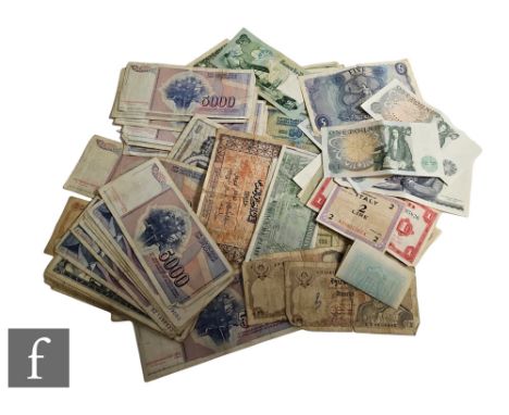 Various series C and D portrait issue one pound banknotes, five pound notes, and European notes including Yugoslavian. (qty) 