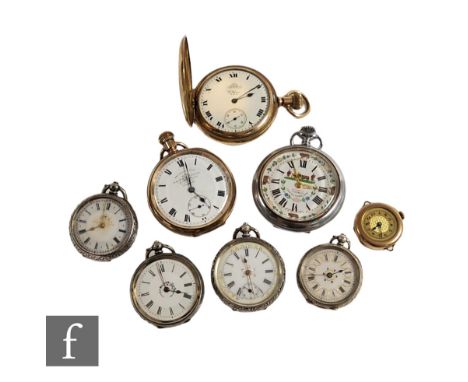 Two gold plated pocket watches, a gold plated wrist watch, four continental silver and white metal fob watches and a further 