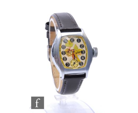 A mid 20th Century chrome Scout manual wind wrist watch with hands modelled as a sign post and Arabic numerals with a border 
