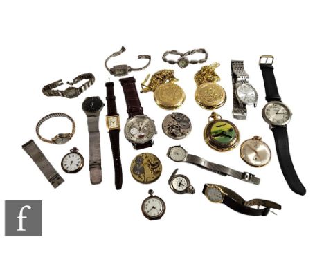 A parcel lot of assorted pocket watches and wrist watch, movements and parts to include Benson, Rotary and other examples, da