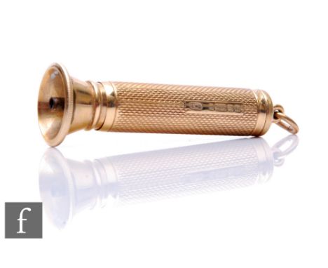 A 9ct hallmarked cigar piercer with engine turned decoration, weight 15g, length 5cm, terminating in pendant loop, Birmingham