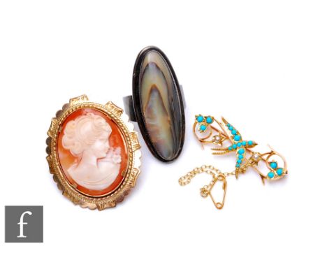 A 9ct mounted oval cameo brooch with an earlier turquoise and seed pearl set swallow bar brooch, total weight 12g, and a Dani