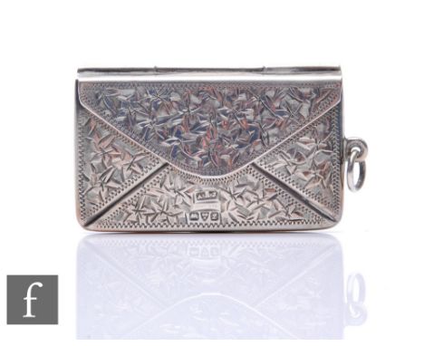 A hallmarked silver envelope double stamp box with leaf engraved decoration around vacant cartouche, length 4.5cm, Chester 19