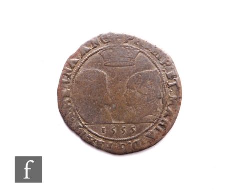 A Philip &amp; Mary (1554-1558) Ireland shilling, 1555, busts face-to-face crown over date, the reverse crowned harp between 