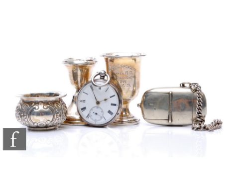 Three items of hallmarked silver, a squat candlestick, an open slat and a small cup, with a silver fusee open faced pocket wa