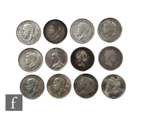 Various George III to George VI crowns, 1819 x 2, 1821 x 2, 1887, 1893, 1935 and 1937, and an 1884 American Morgan dollar. (1