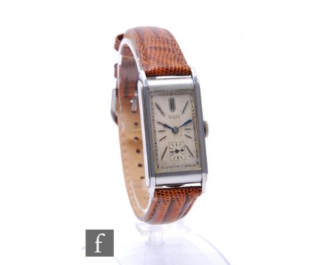 A gentleman's stainless steel Tudor manual wind wrist watch, batons and seconds dial to an elongated rectangular dial case wi