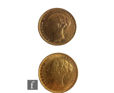 Two Victoria sovereigns, 1879 and 1882, Young Head, mint marks for Melbourne and Sydney, reverse St George &amp; Dragon. (2)