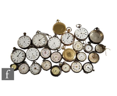 A parcel lot of assorted fob and pocket watches to include eleven continental silver fob watches, wrist watches etc, damages.