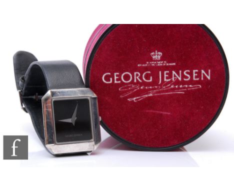 A lady's sterling silver Georg Jensen wrist watch, silver hands to a black rectangular dial, designed by Allan Scharff, case 