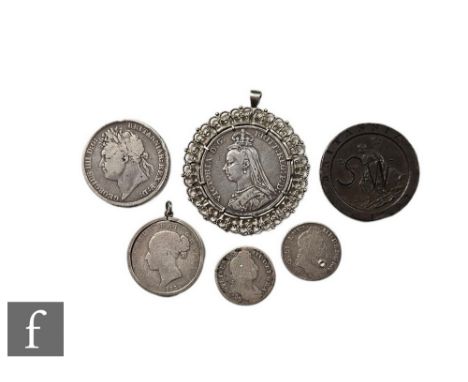 Six William III to Victoria coins to include two shillings, 1697, one holed, a crown dated 1890 in pierced silver pendant mou