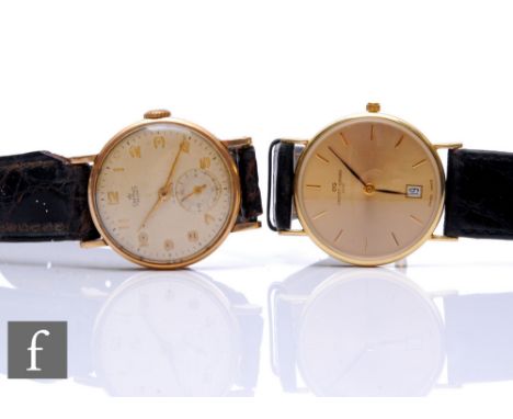 A gentleman's 9ct hallmarked Smiths manual wind wrist watch, with a similar Jaquet-Girard quartz example, later with engravin