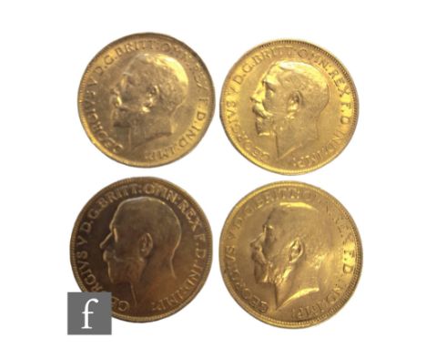 Four George V sovereigns, 1911, 1913 x 2 and 1918, all reverse St George &amp; Dragon. (4)