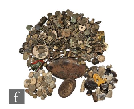 A large collection of post medieval to present day copper mounts and fittings and badges, also 17th Century and later lead fa