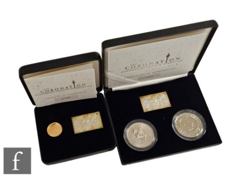 An Elizabeth II 2008 sovereign and silver ingot Coronation set and a silver ingot and two crown set, each with certificates.&