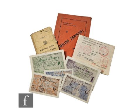 Various Jersey German Occupation banknotes to include one pound No 4688, ten shillings No 5574, two shillings No 144413, one 