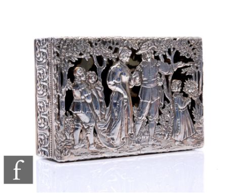 A 19th Century continental silver box with five figures in a cut out garden setting to hinged cover and acanthus leaf borders