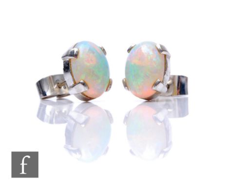 A pair of 18ct white gold opal stud earrings, claw set oval stones, length 10mm, total weight 3.4g. 