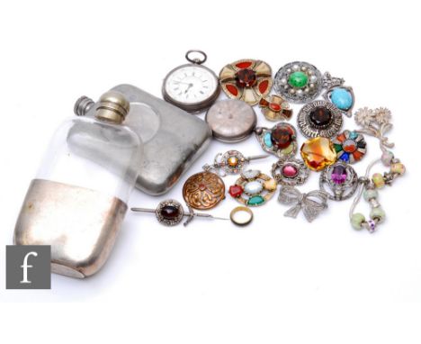 A small parcel lot of assorted silver, costume and other jewellery, together with two silver pocket watches and two plated hi