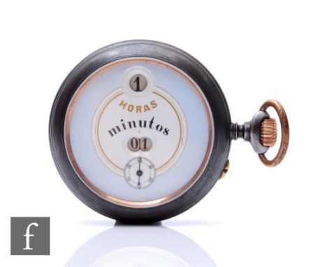 An early 20th Century International Watch Company gun metal, crown wind, Pallweber style jump hour and minute open faced pock