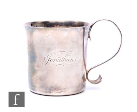 A hallmarked Britannia silver cup of plain form terminating in scroll handle, weight 6oz, London 1961,&nbsp;C J Vander Ltd. 
