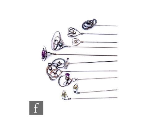 A collection of early 20th Century Charles Horner silver hallmarked hatpins, to include varying designs, one with enamelled f