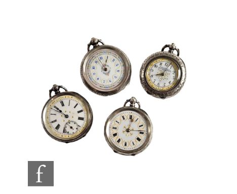 Four continental silver open faced key wind fob watches with Arabic and Roman numerals to a white enamelled dial. (4) 
