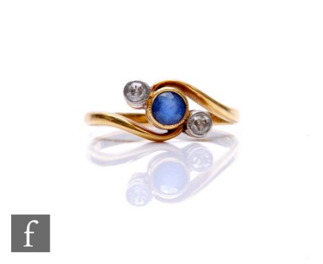 An early 20th Century sapphire and diamond three stone ring, collar set stones to a slight twist, weight 2.3g, ring size K. 