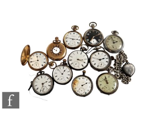 Five hallmarked silver open faced pocket watches with three plated examples, a continental fob watch etc, damaged. (13) 