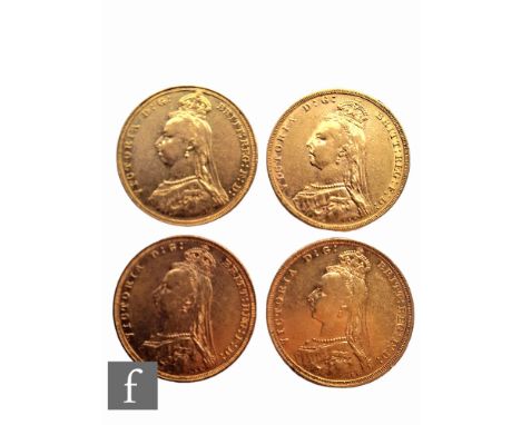 Four Victoria sovereigns, 1887, London, 1890, Melbourne mint mark, and 1891 and 1893, Sydney mint marks, Jubilee Heads, rever