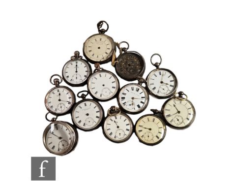 Twelve assorted hallmarked silver pocket watches to include crown and key wind examples, various dates and styles, damages. (