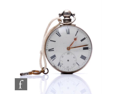 A hallmarked silver verge open faced pocket watch, Roman numerals to a white enamelled dial, case diameter 52mm, London circa