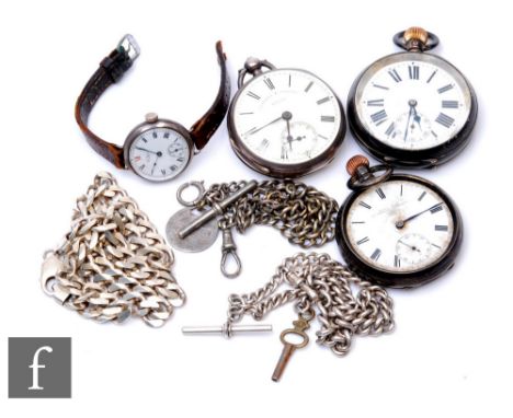 Three hallmarked silver open faced pocket watches to include key and crown wind examples, a silver wrist watch, two silver ch