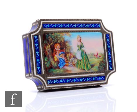 An early 20th Century continental hallmarked silver and enamel cushioned rectangular box decorated with four figures in a lan